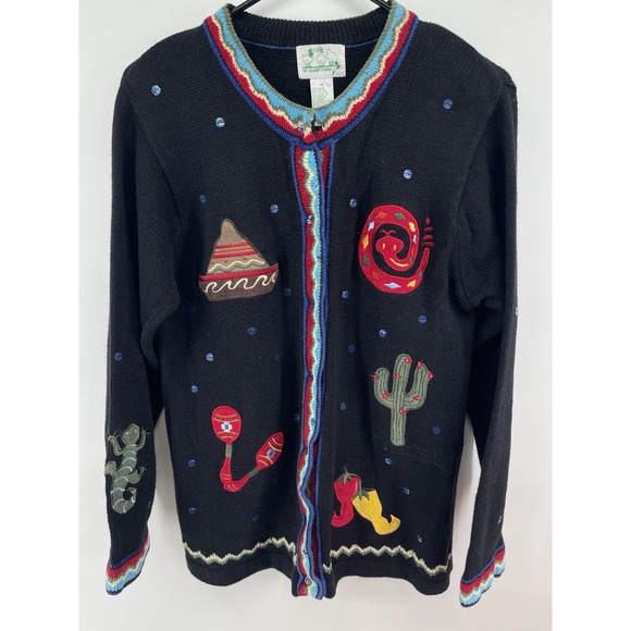 The Quacker Factory Sweaters - Quacker Factory Womens Southwestern Cardigan Sweater Black Embroidered Cactus M